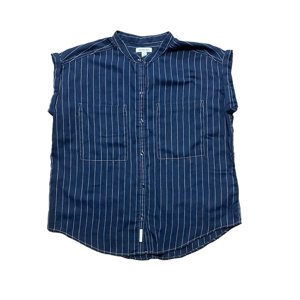 Calvin Klein short sleeve women’s blue white striped button down casual top